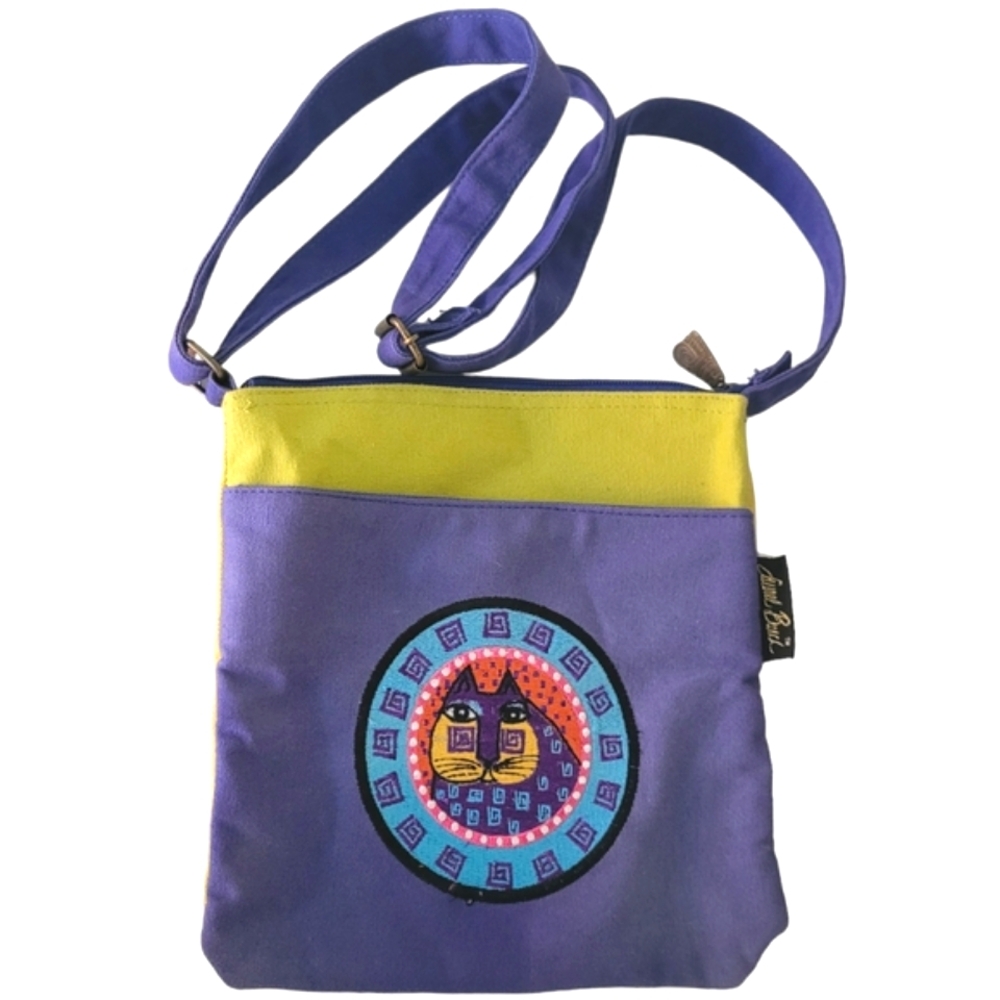 Laurel Burch Cat CrossBody Canvas Bag Purple Green Feline Art Purse